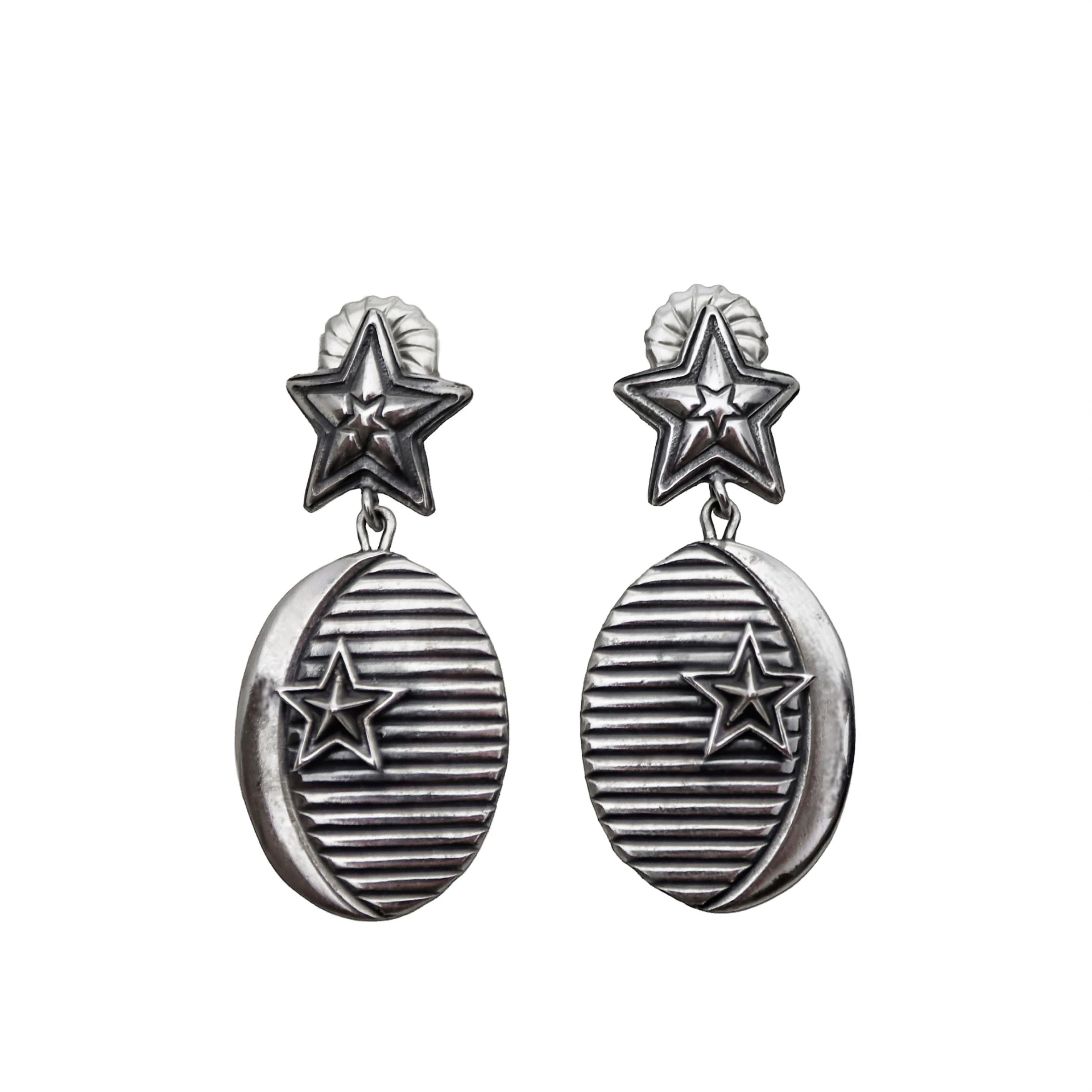 OVAL SHAPE LINES STAR IN STAR W/ CENTER SPIKE STAR RIGHT EARRING