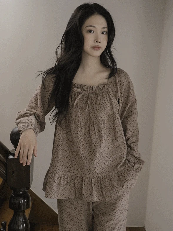 JUUNEEDU R33 花朵咖色睡衣套裝