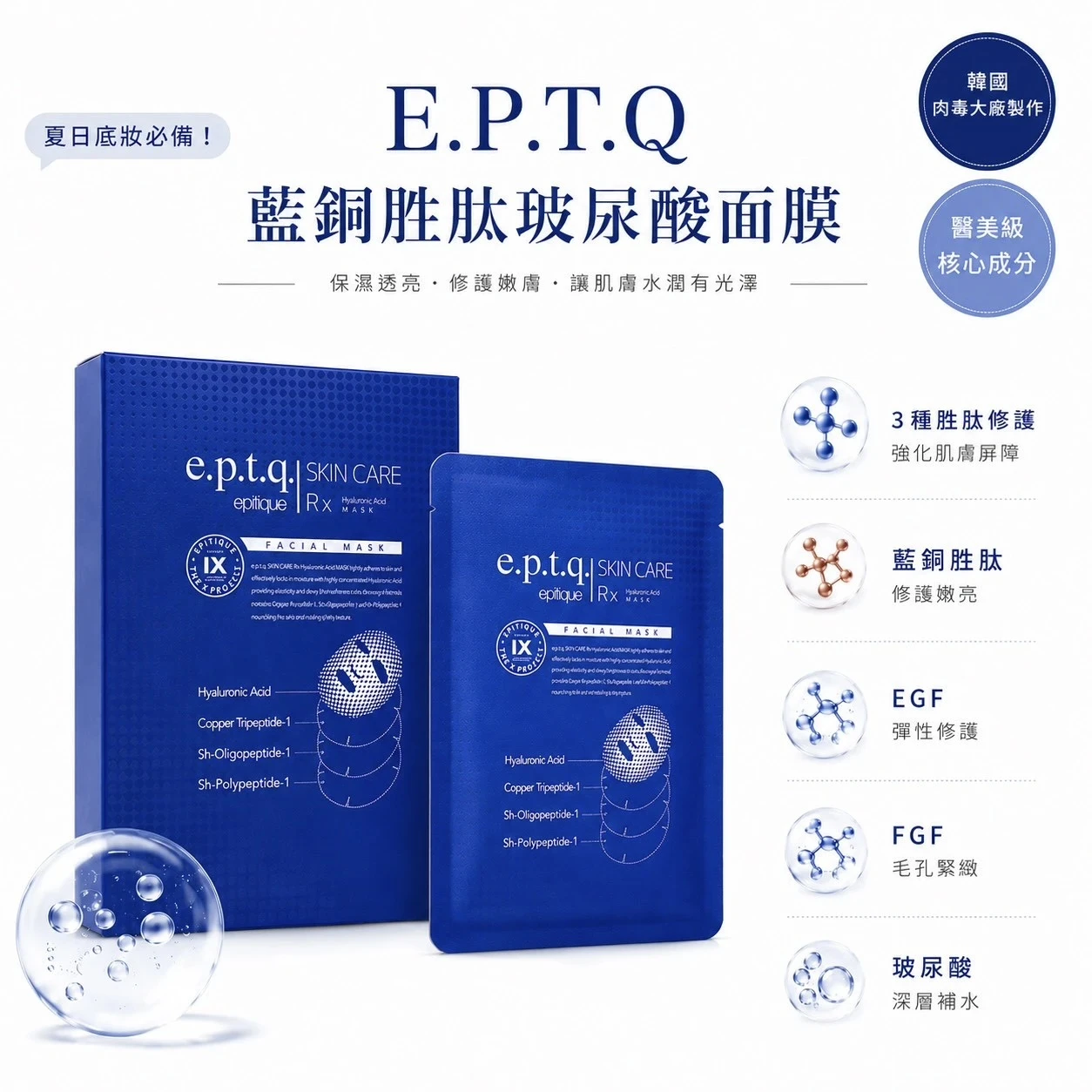 【芭比開團】E.P.T.Q韓國肉毒大廠醫美級藍銅胜肽玻尿酸面膜(一盒5入）