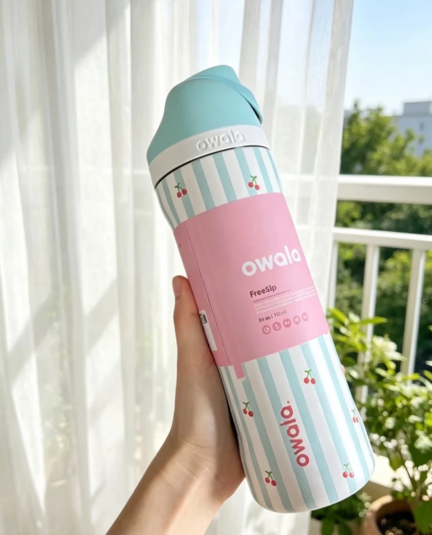 預購🇺🇸Owala櫻桃清新條紋藍白保溫杯24oz