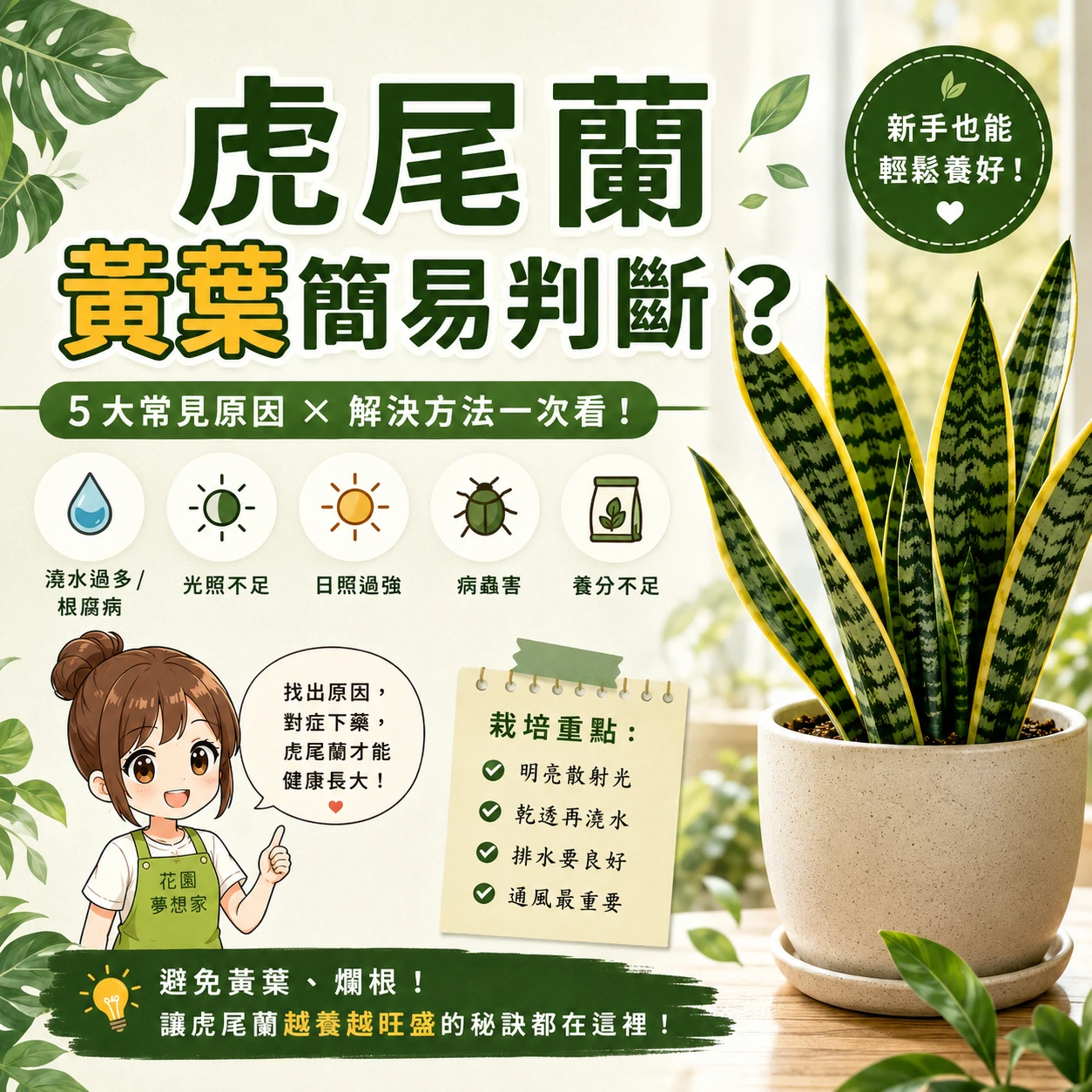 虎尾蘭黃葉怎麼辦？5大原因快速判斷，一篇學會正確照顧！