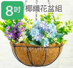 20cm環保椰纖花盆＋圓吊籃花架＋雙鉤吊鏈(8吋)