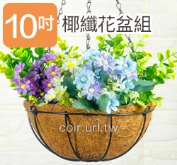 25cm環保椰纖花盆＋圓吊籃花架＋雙鉤吊鏈(10吋)