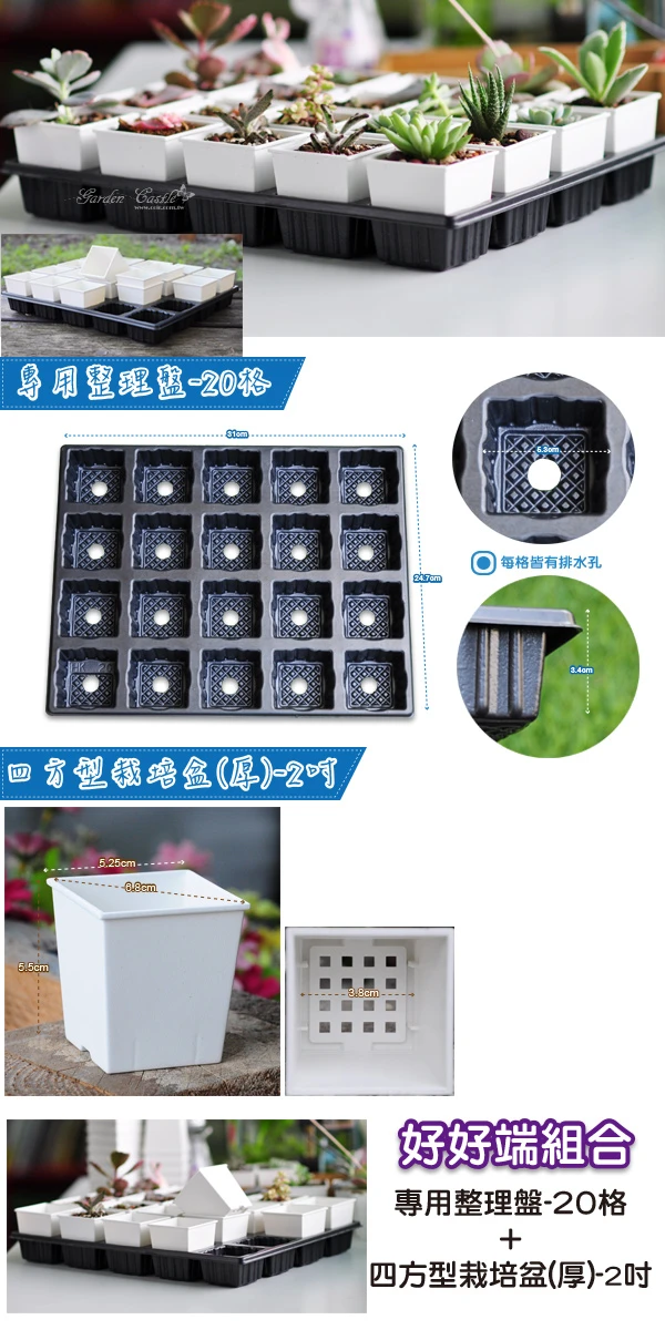 【超值組】20個x四方型栽培盆(厚)-2吋白色+專用整理端盤20格