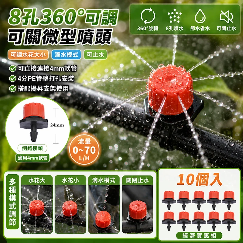【水管達人】經濟型8孔360度可調可關微型噴頭「10入/包」