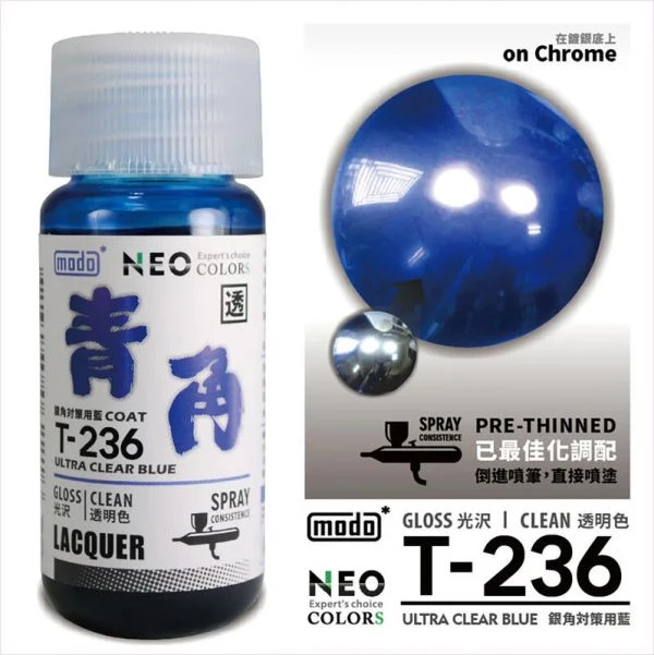 modo摩多製造所 NEO T-236 T236 青角(銀角電鍍漆專用透明藍) 30ML 模型漆