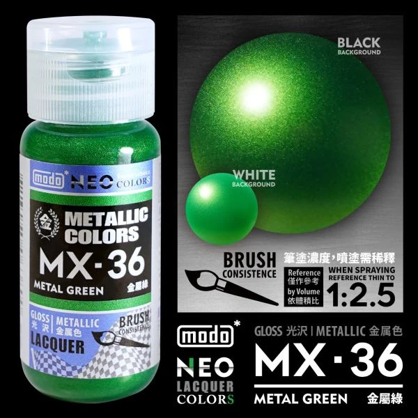 modo摩多製造所 NEO瓶 全新二代金屬色 MX-36 金屬綠 30ML 模型漆