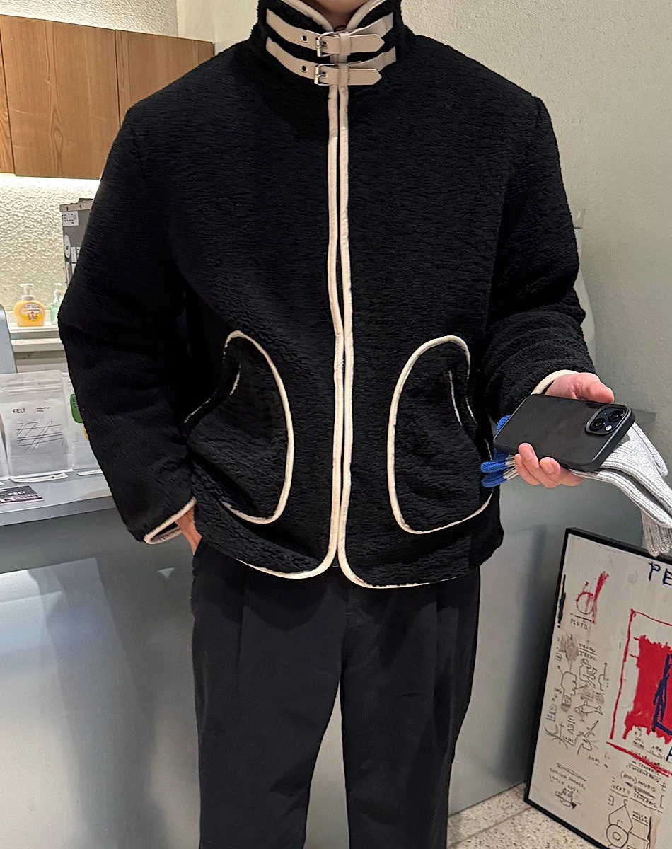 韓國羔羊毛高領扣帶外套｜2色