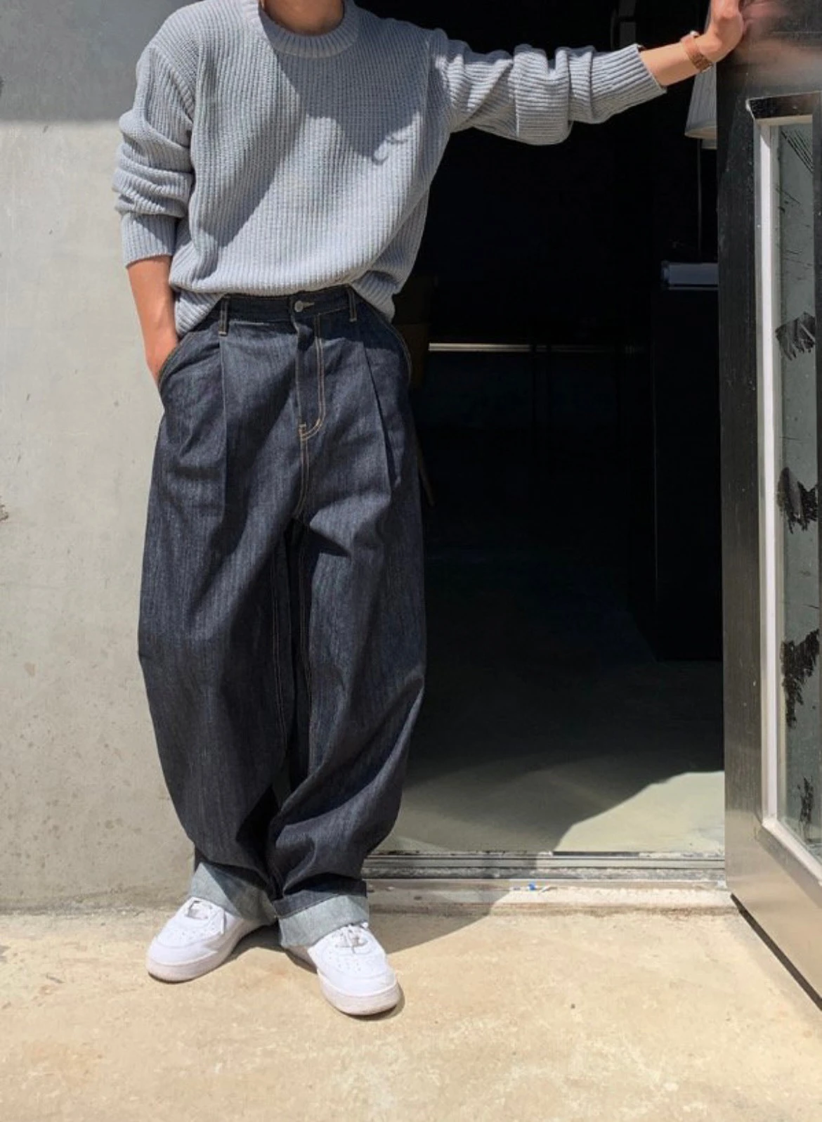 韓國打摺牛仔闊腿寬褲