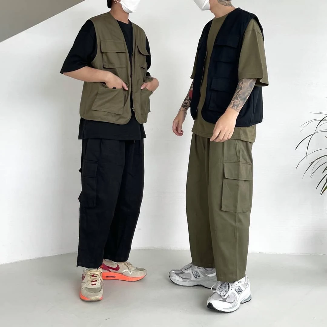抽繩綁帶錐型口袋工裝寬褲 -3色