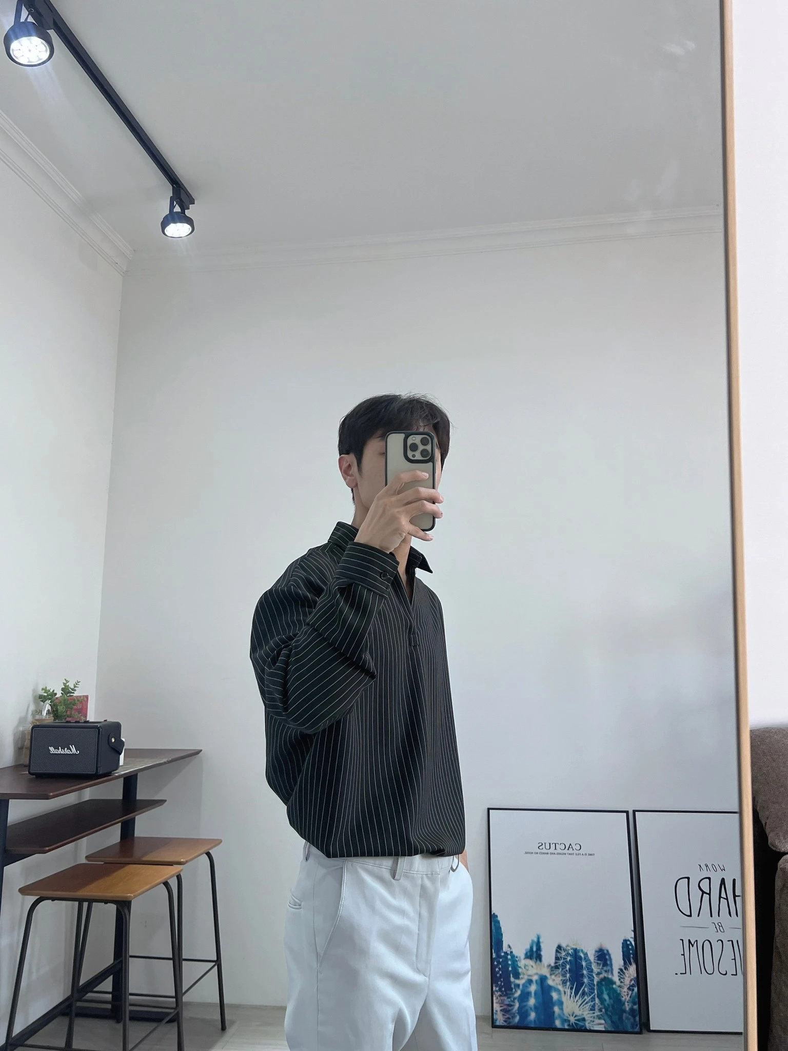 韓國開襟條紋落肩襯衫 - 2色