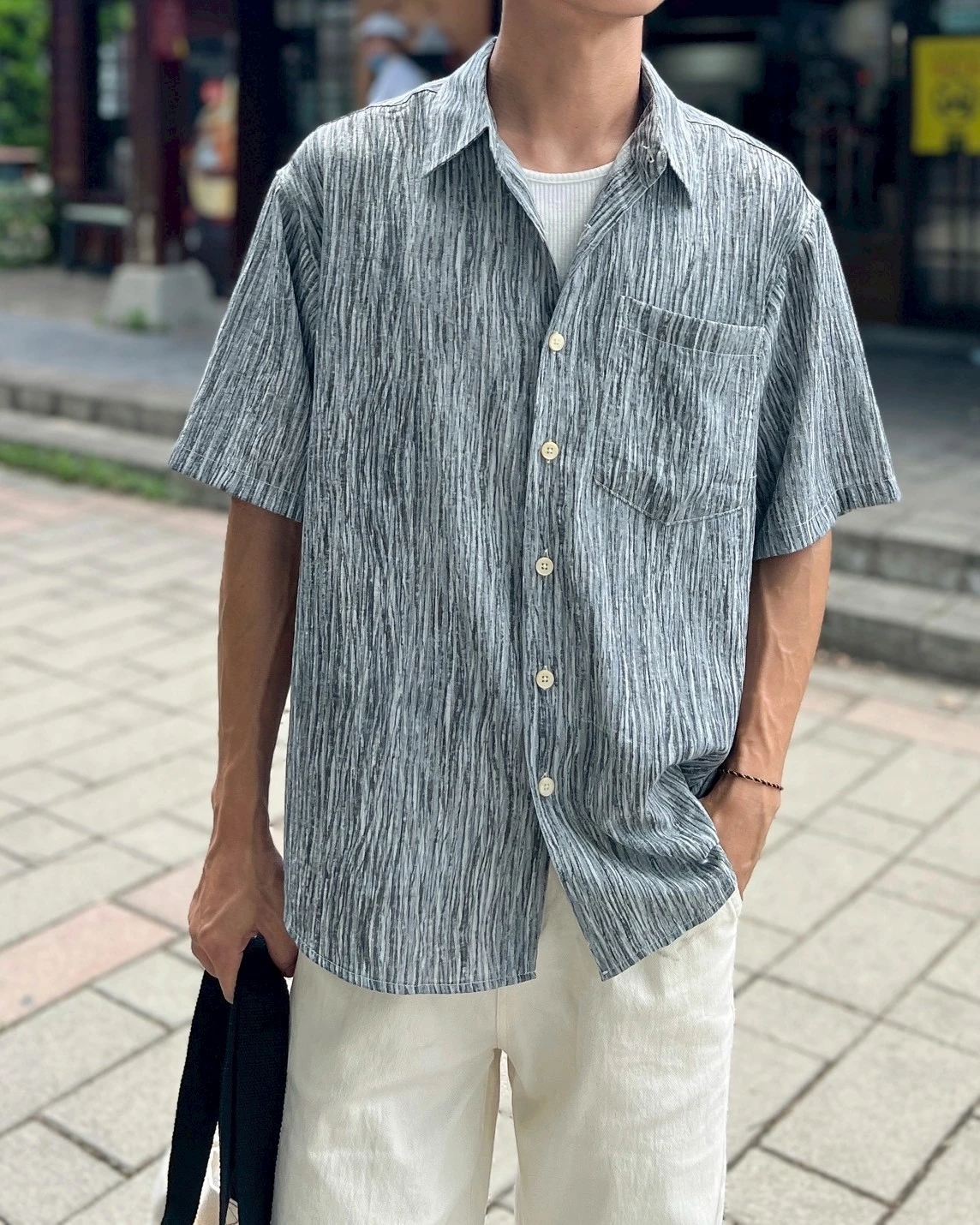 韓版夏季皺褶紋理短袖襯衫