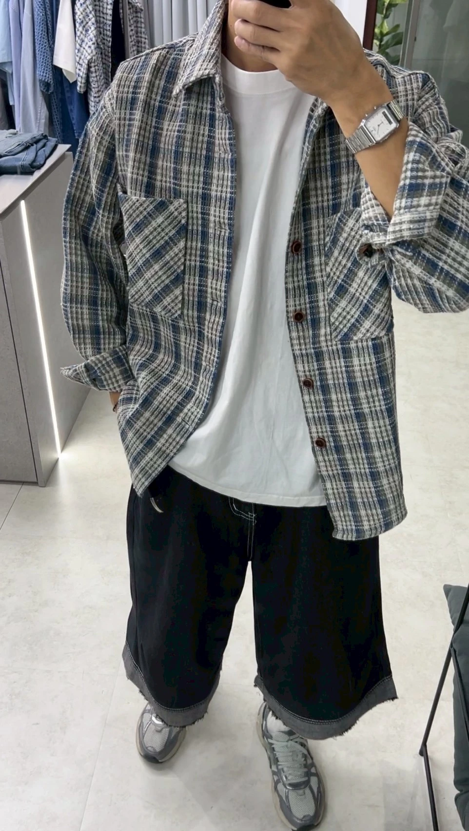 韓版秋冬編織格紋襯衫