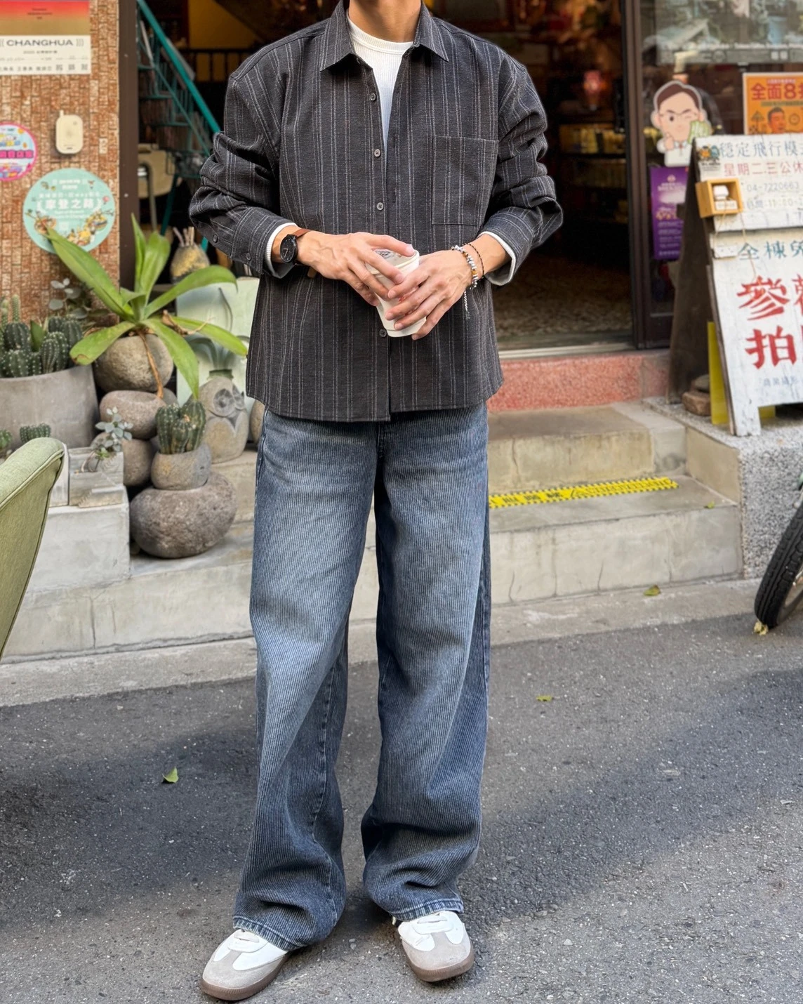 韓國燈芯絨仿舊刷色牛仔褲