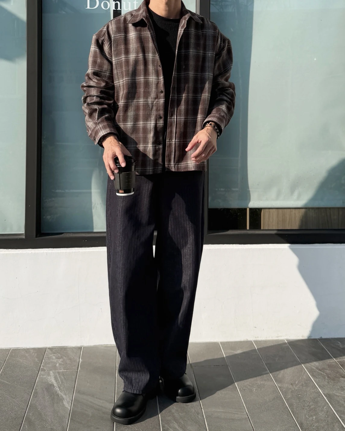 韓國毛呢短版長袖格紋襯衫