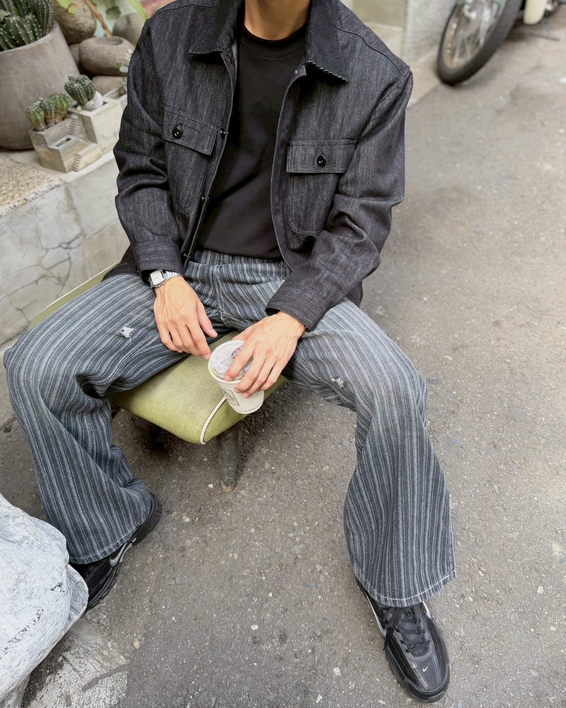 韓國磨毛條紋刷淺牛仔褲