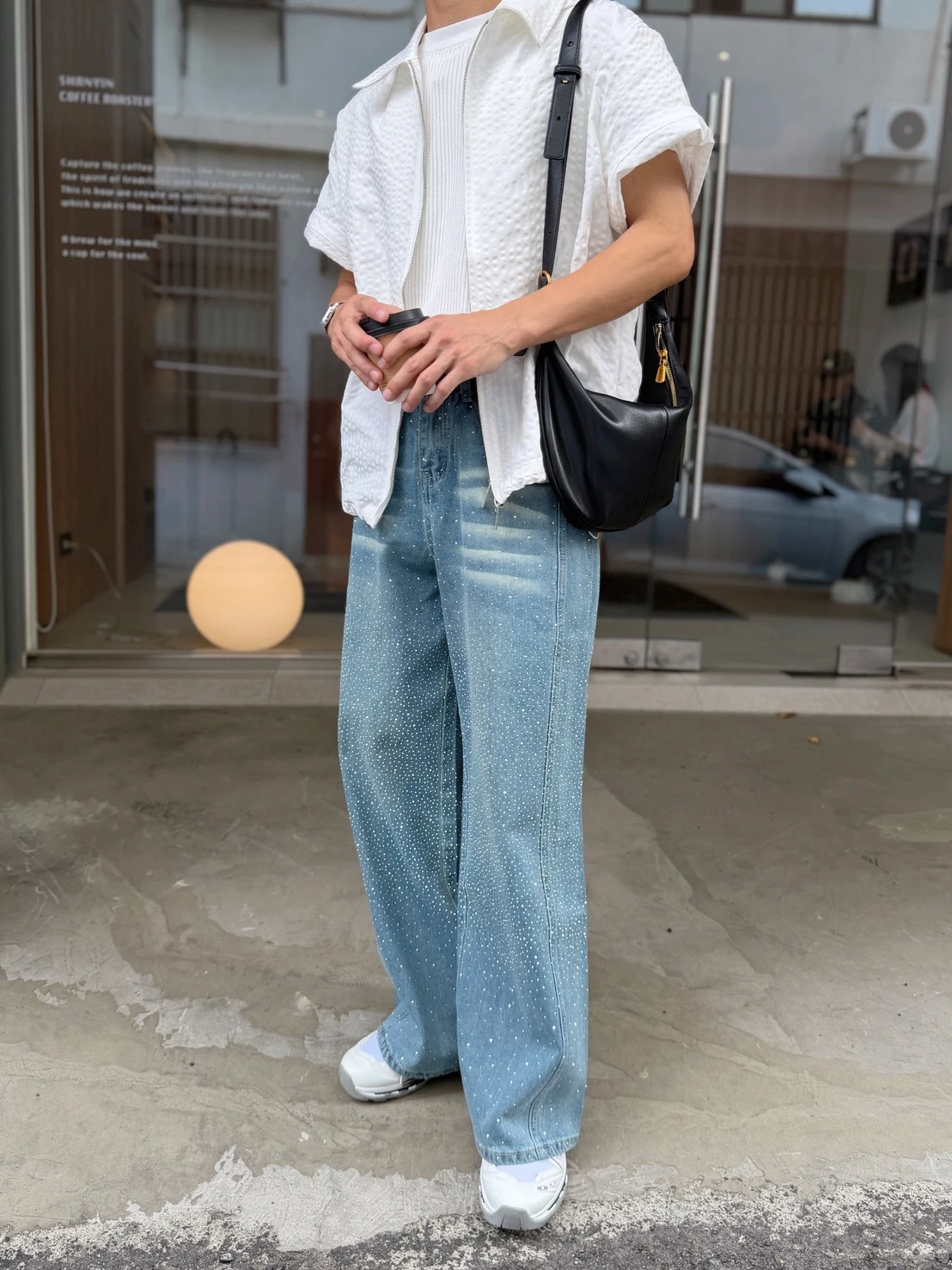 韓版貼鑽彎刀闊腿牛仔褲