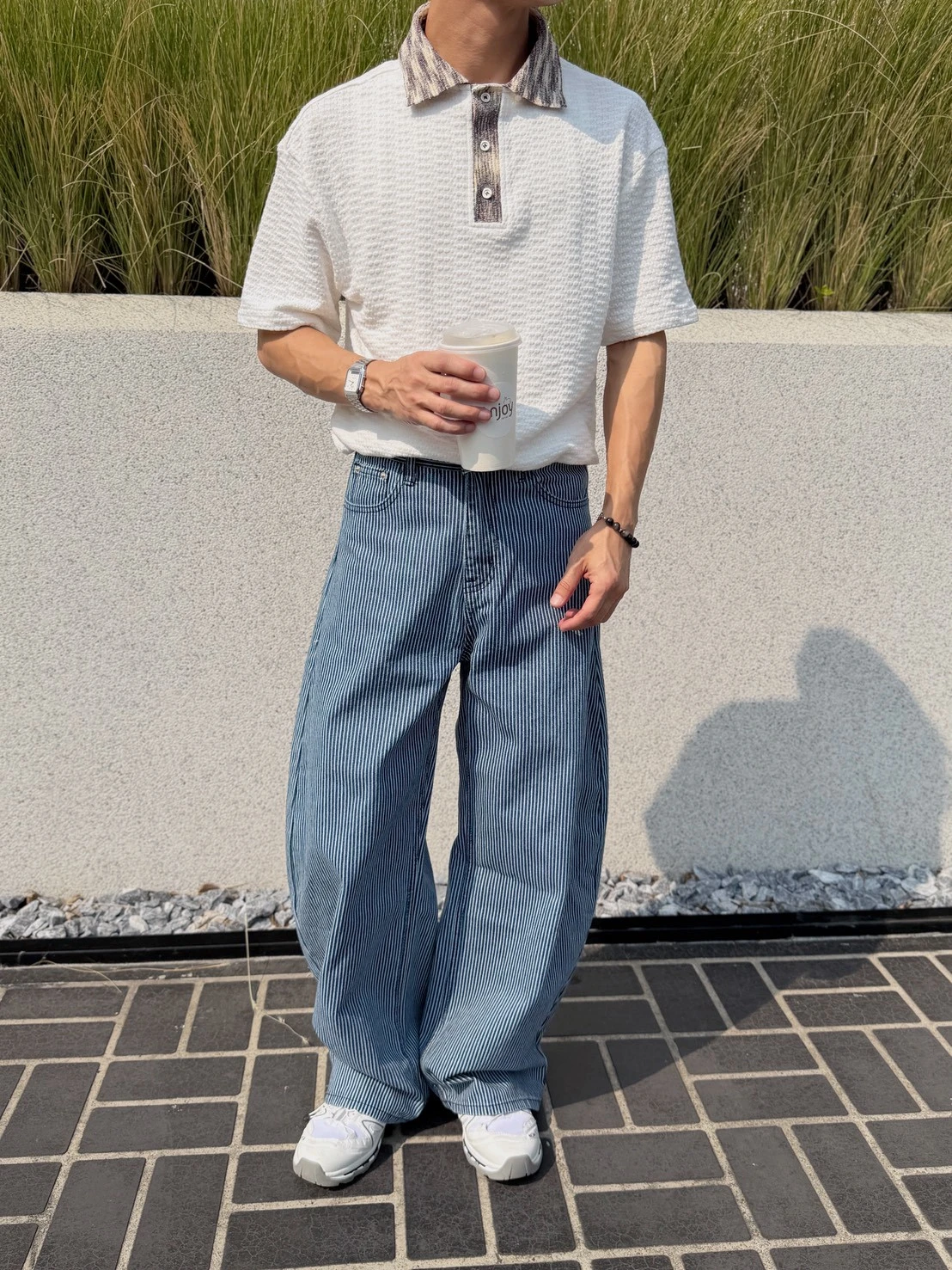 韓版條紋牛仔彎刀寬褲