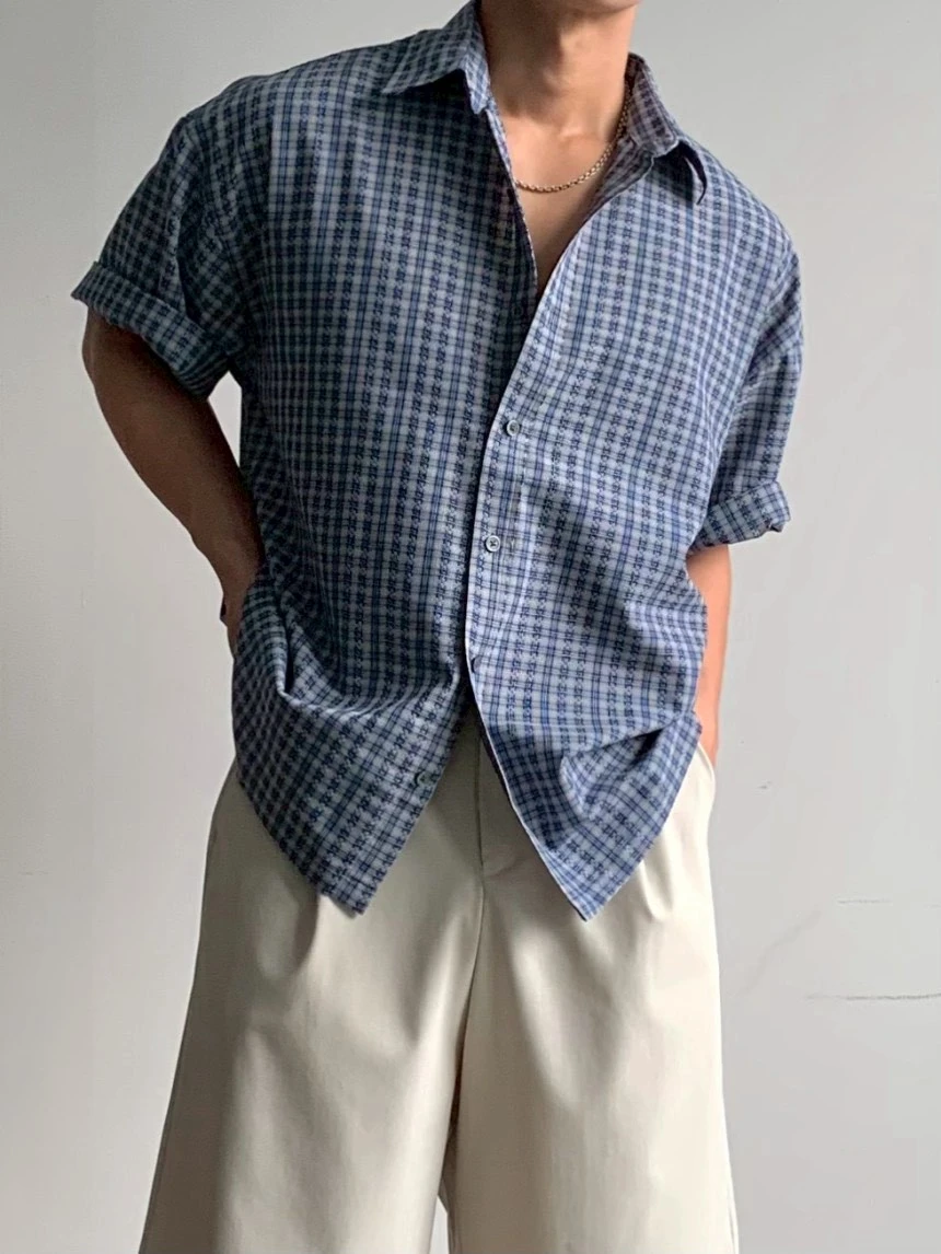 韓國縫線格紋短袖襯衫｜3色