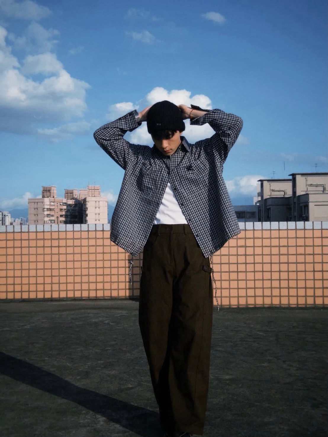 韓版皺褶抽繩格紋襯衫｜2色