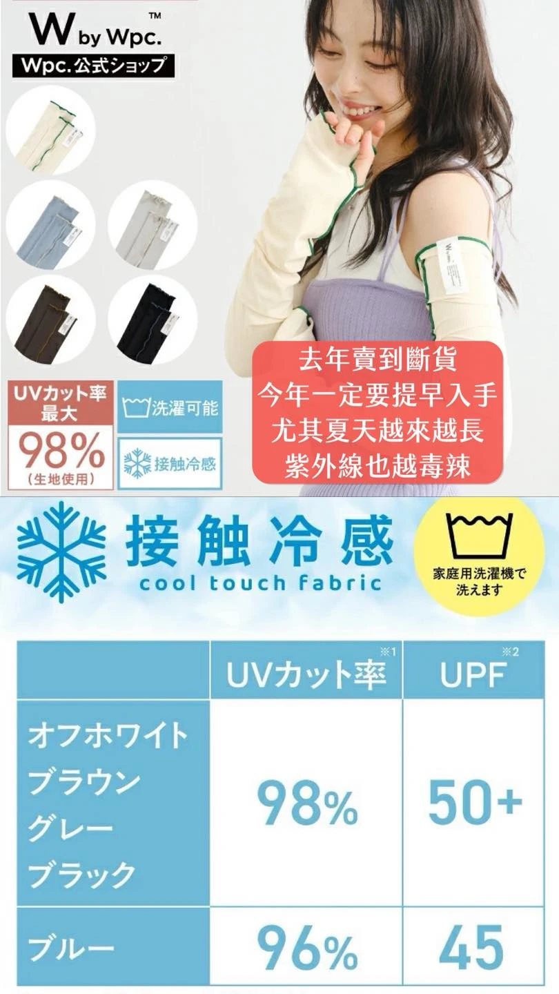日本 WPC 接觸涼感 抗 98％ UV 防曬時尚袖套 五色