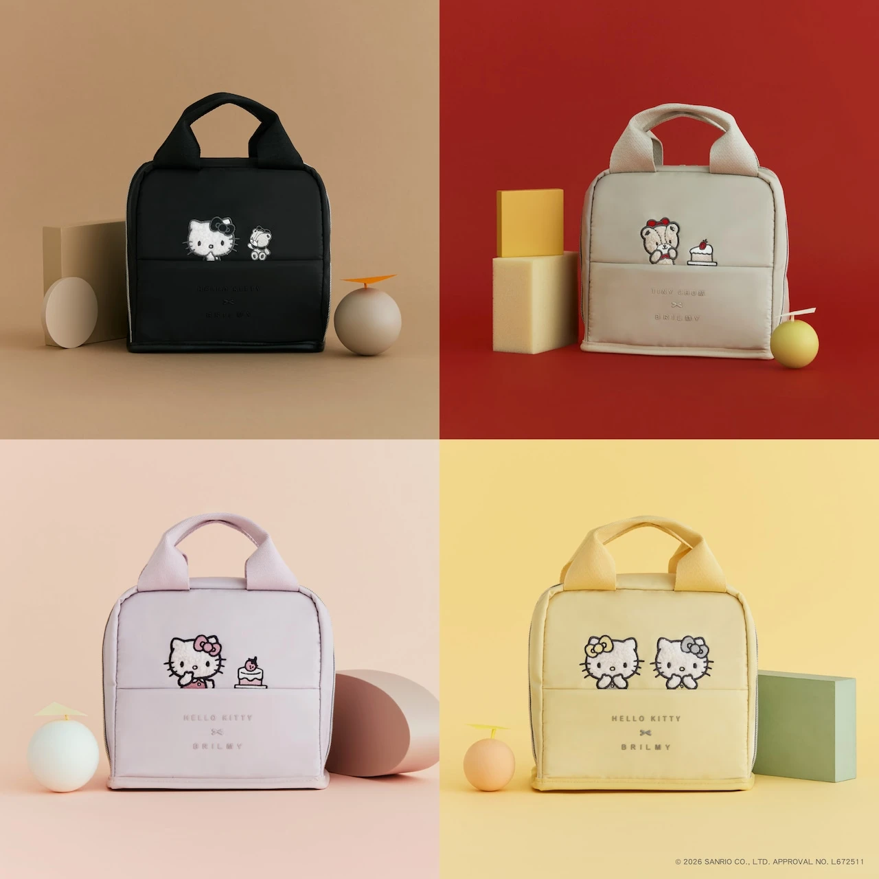 HELLO KITTY × BRILMY 可愛刺繡立式手提收納包(粉色/黑色/奶茶/黃色)