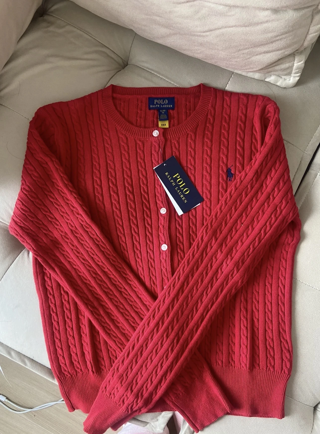 Polo Ralph Lauren 大童 針織麻花鈕扣外套 聖誕紅