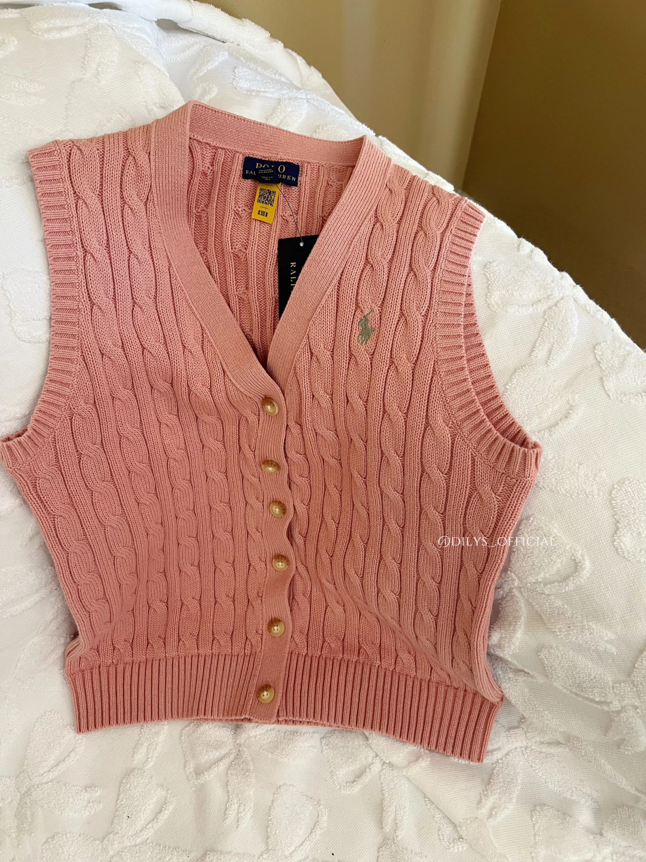Polo Ralph Lauren 女大童 麻花背心 乾燥玫瑰粉