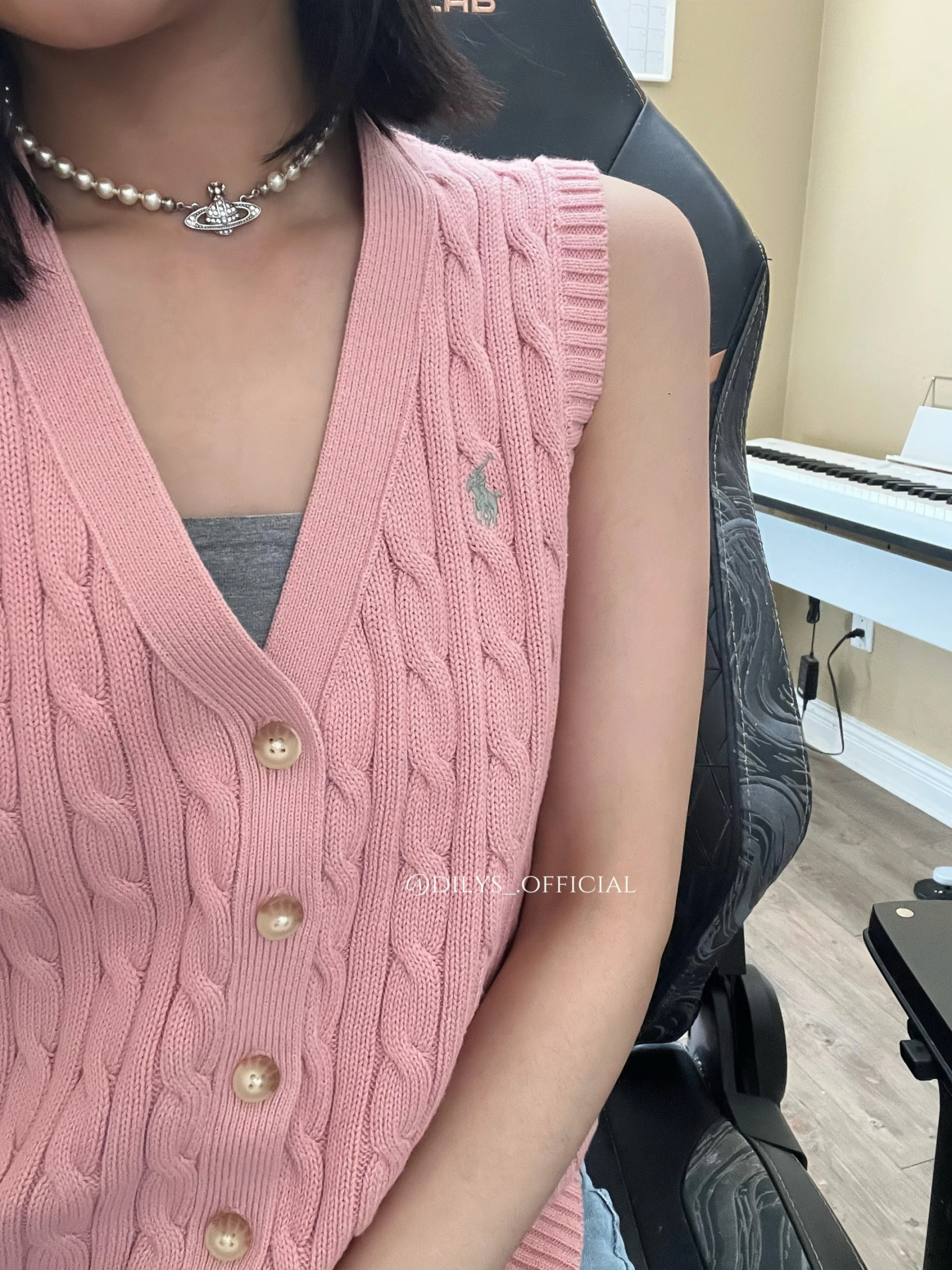 Polo Ralph Lauren 女大童 麻花背心 乾燥玫瑰粉