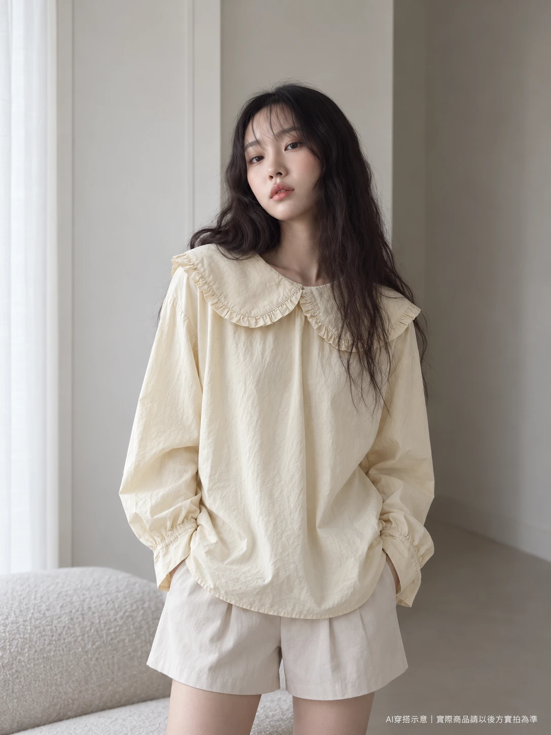 全新正韓奶油白大領荷葉上衣