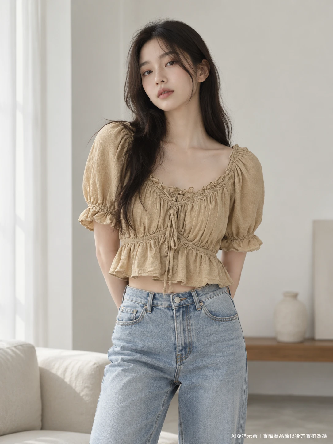 正韓奶茶杏抽皺綁帶短版上衣