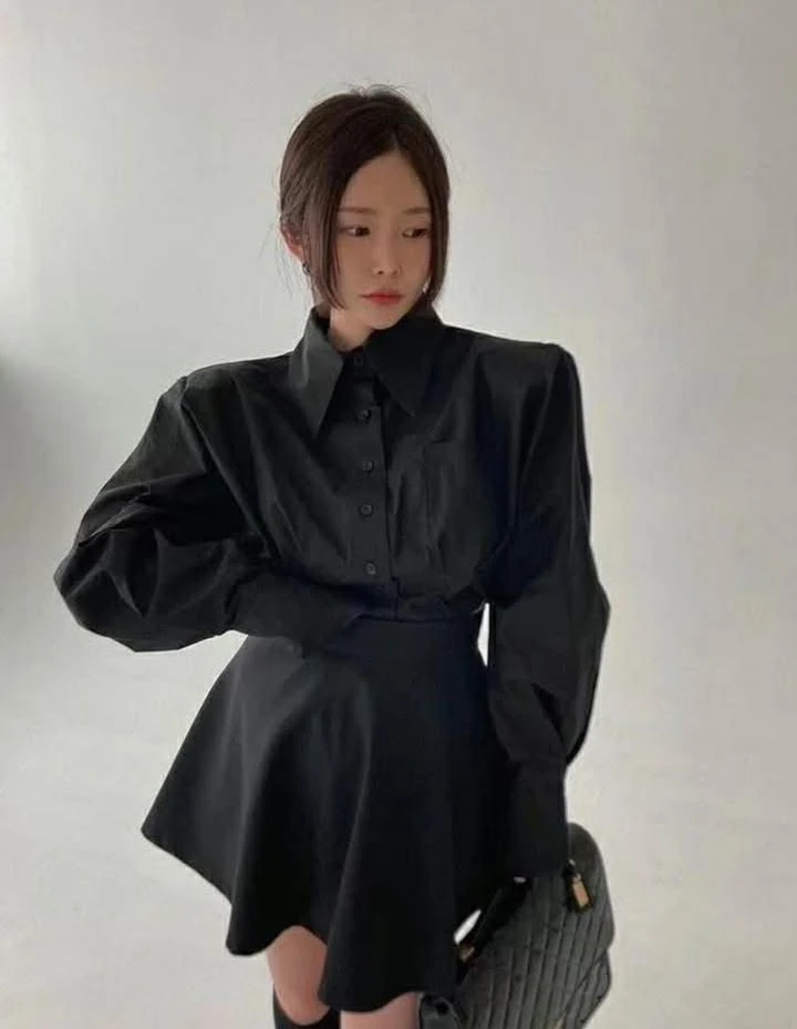 韓系黑色立體肩線襯衫