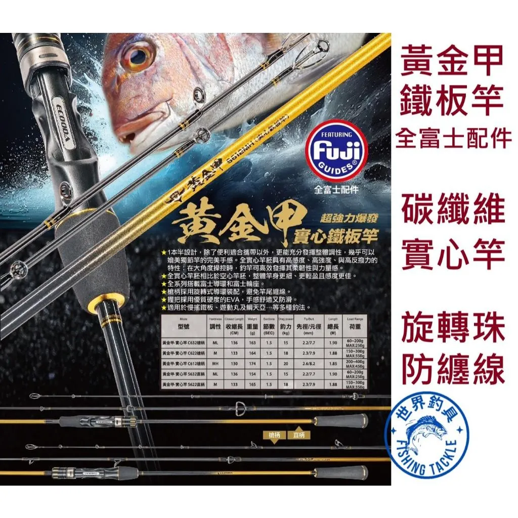 【世界釣具】泉宏 黃金甲 實心鐵板竿 一本半 實心碳纖維 旋轉珠防纏線 輕量耐操 全富士配件