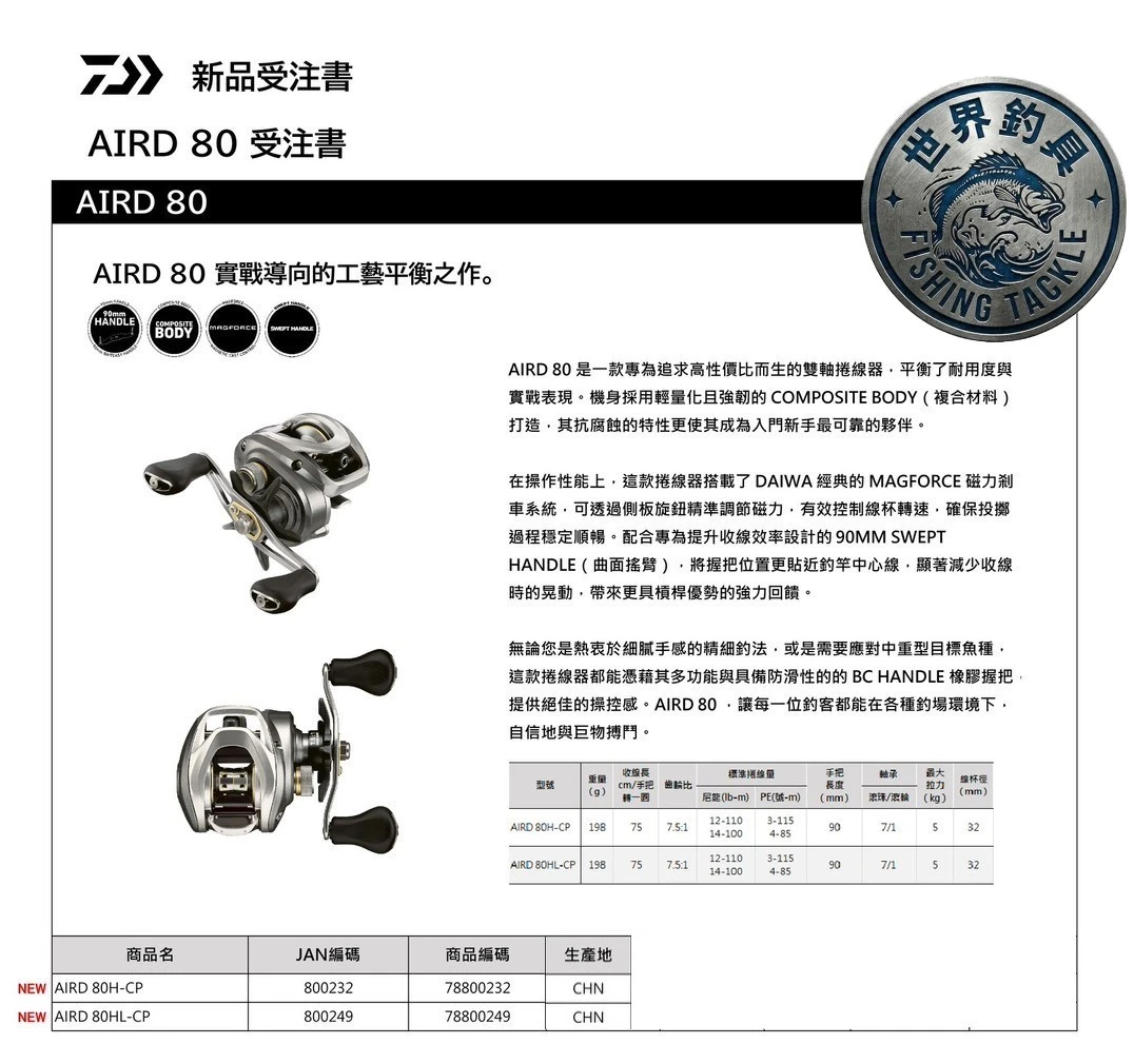 【世界釣具】DAIWA 26年 AIRD 80 小烏龜 水滴輪 賴瓦 達瓦 左手右手可選