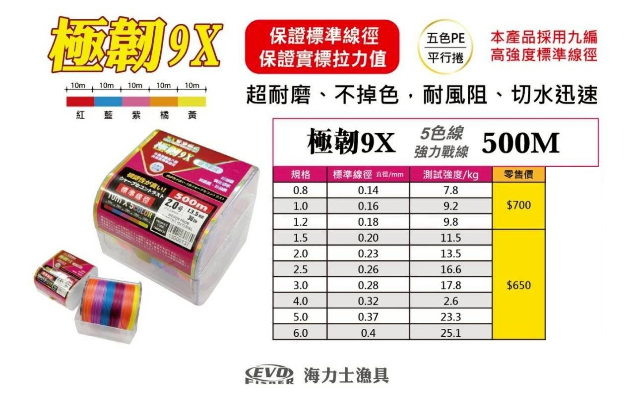 【世界釣具】EVO 海力士 極韌 9編500米 五色PE線 9股 彩色 五彩 編織線 釣魚線 耐磨