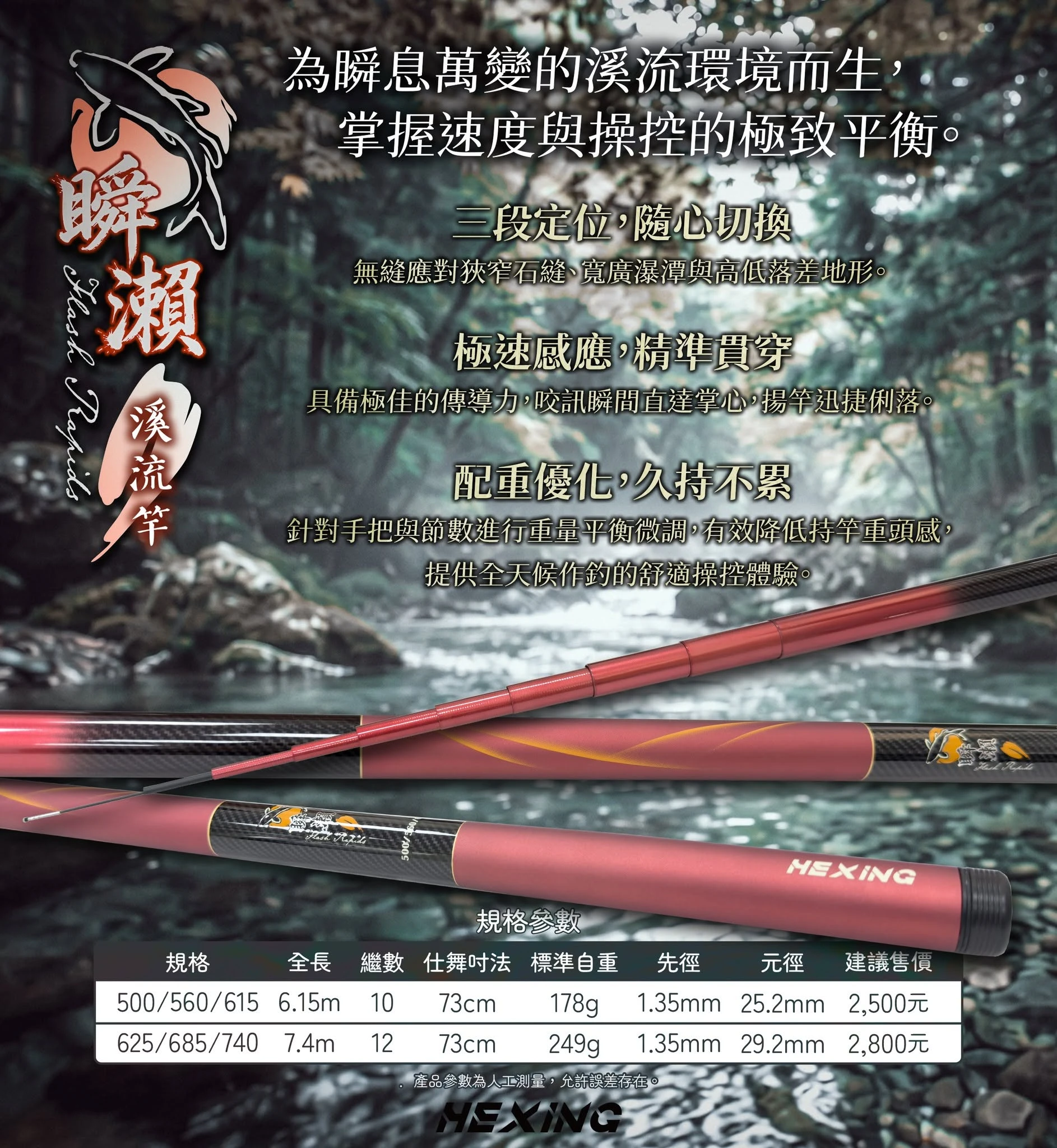 【世界釣具】HEXIN 合興 瞬瀨 溪流竿 三定位 手竿 空心尾 兼顧輕量化與靈敏度