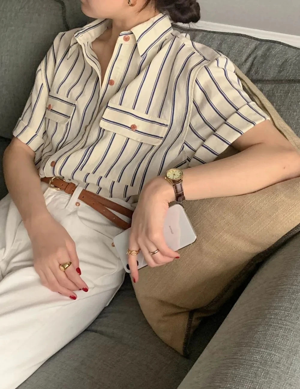 Ying Fashion Shop 基本百搭款襯衫 簡約條紋襯衫 防曬襯衫 短袖條紋襯衫