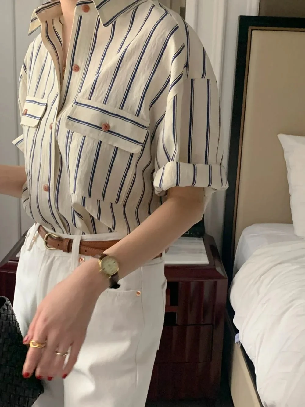 Ying Fashion Shop 基本百搭款襯衫 簡約條紋襯衫 防曬襯衫 短袖條紋襯衫