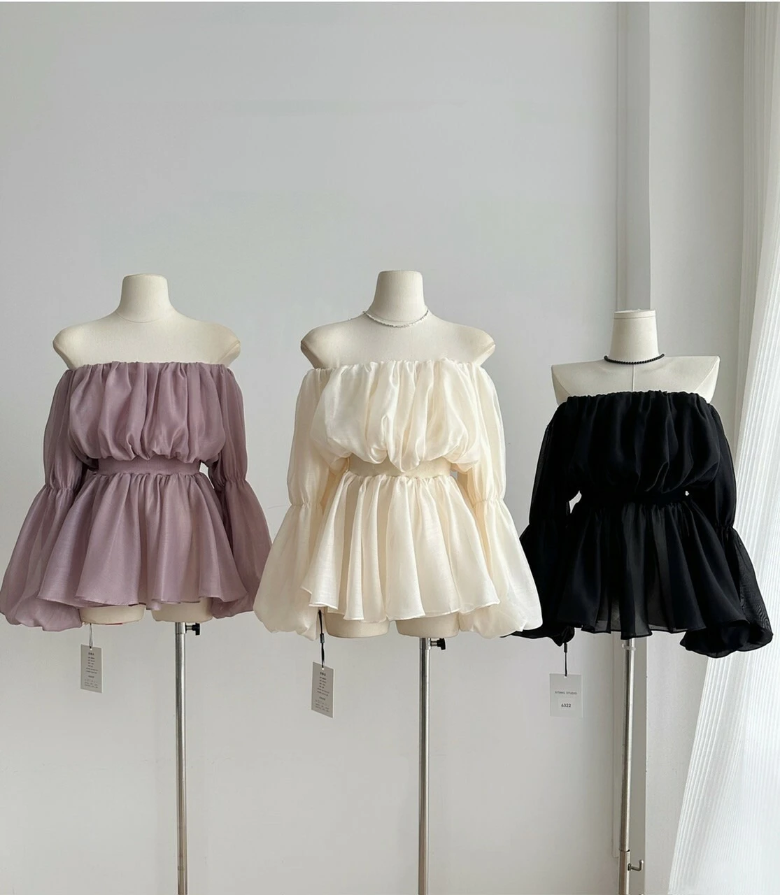 Ying Fashion Shop 高級感 網紗泡泡袖 一字肩 皺皺法式襯衫上衣 露肩性感上衣 一字領網紗上衣