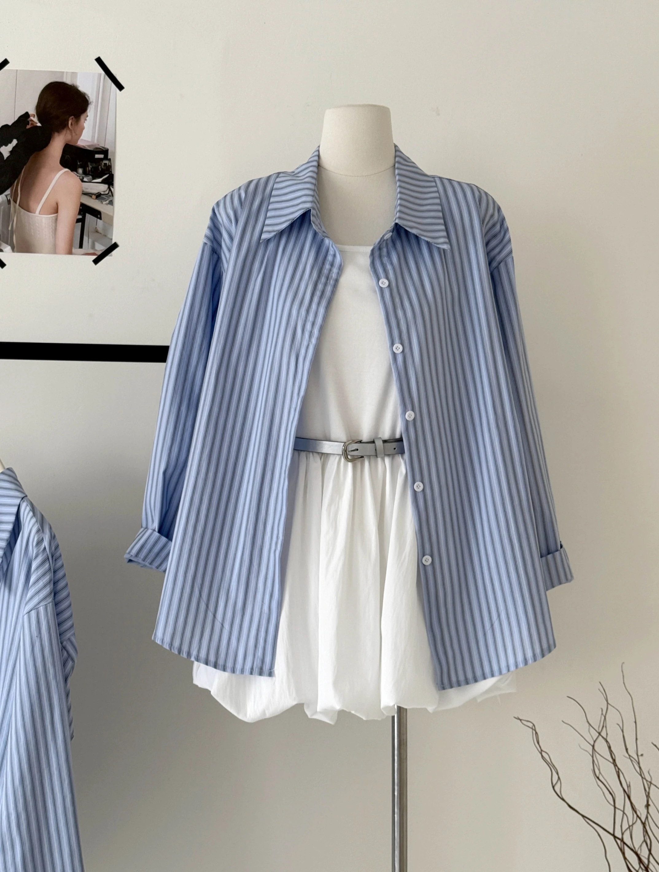 Ying Fashion Shop 春夏渡假風 無袖背心洋裝 花苞連衣裙 條紋長袖襯衫 兩件式洋裝 附皮帶