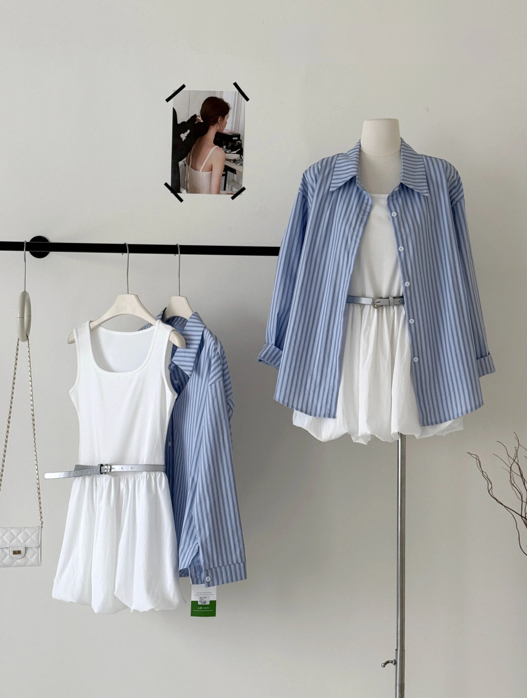 Ying Fashion Shop 春夏渡假風 無袖背心洋裝 花苞連衣裙 條紋長袖襯衫 兩件式洋裝 附皮帶