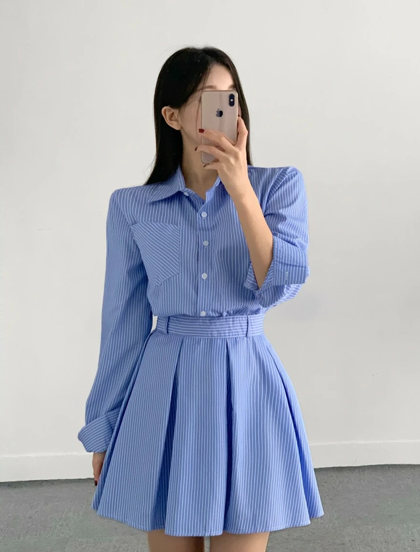 Ying Fashion Shop 法式襯衫 經典條紋百搭 襯衫連衣裙 綁帶襯衫洋裝 長袖襯衫連衣裙