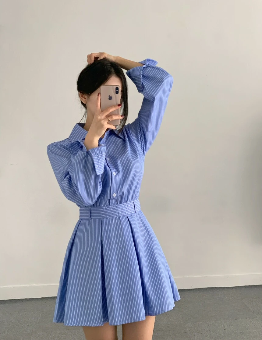 Ying Fashion Shop 法式襯衫 經典條紋百搭 襯衫連衣裙 綁帶襯衫洋裝 長袖襯衫連衣裙