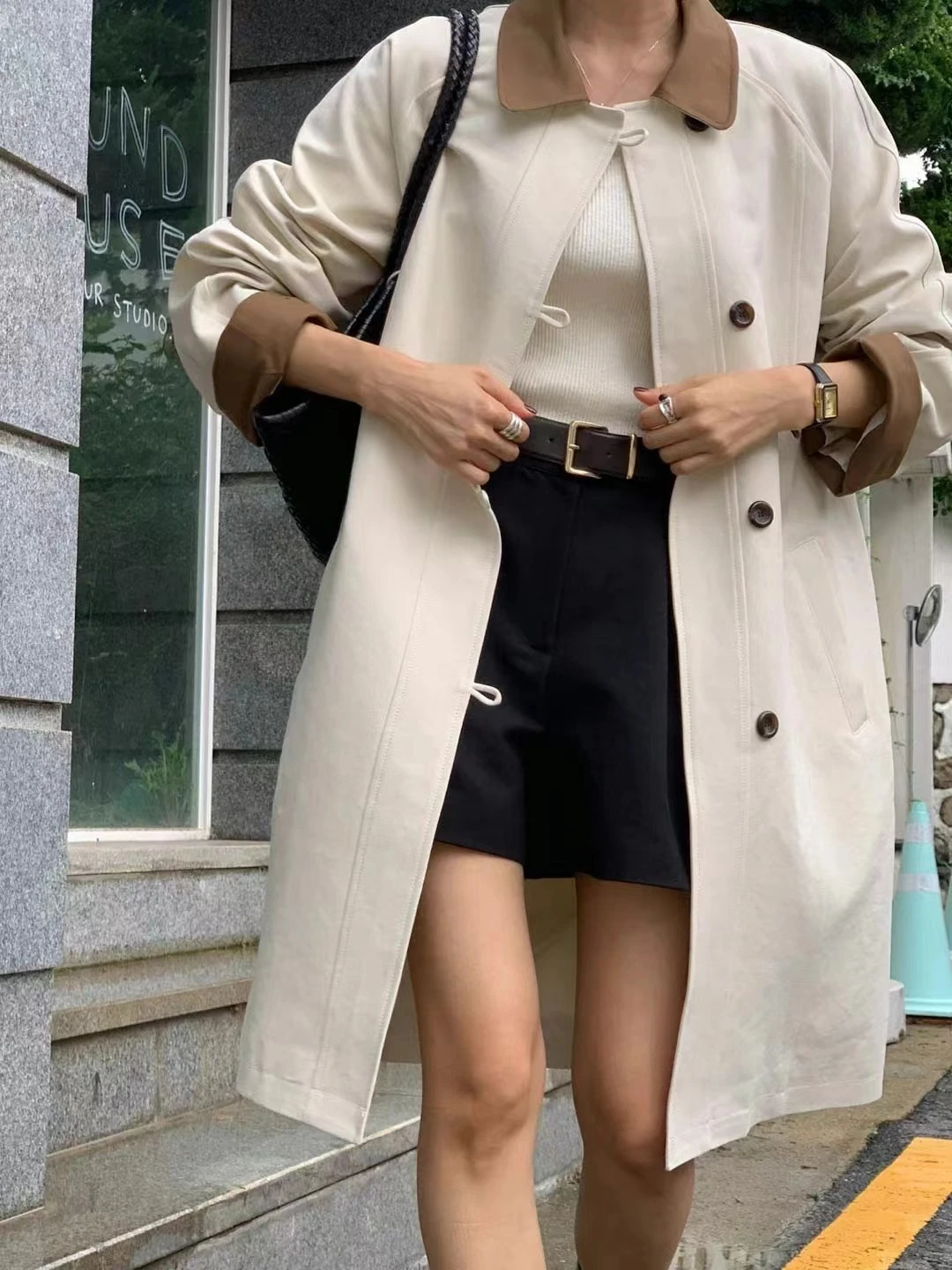 Ying Fashion Shop 高級質感 小個子 撞色拼接 風衣外套 單排釦 長版外套 中長板風衣外套