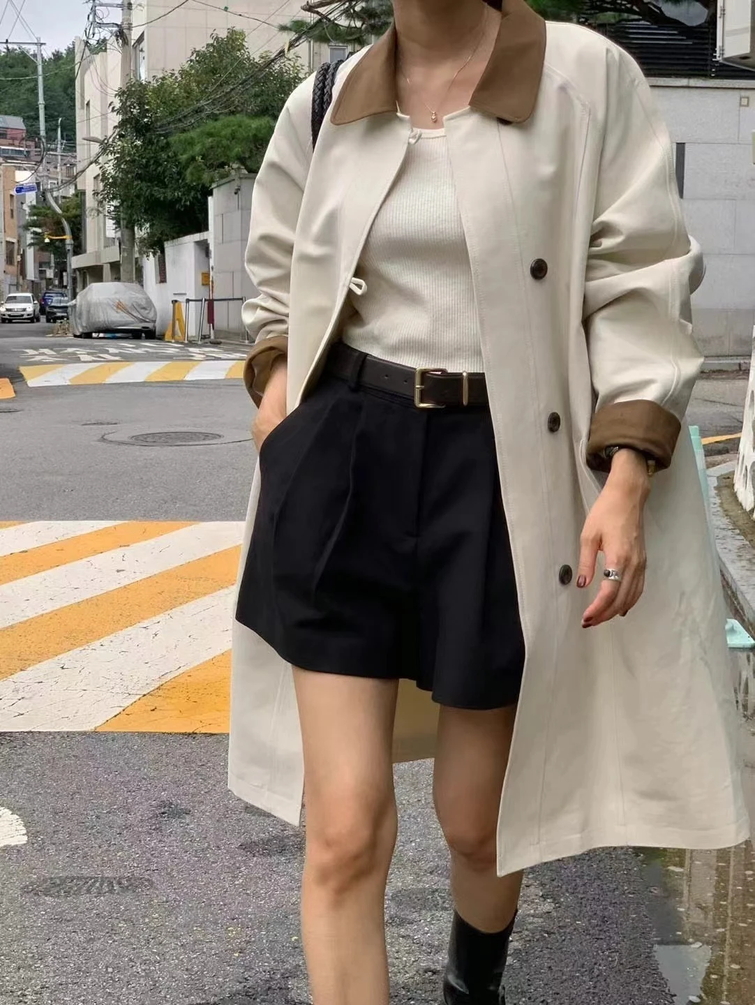 Ying Fashion Shop 高級質感 小個子 撞色拼接 風衣外套 單排釦 長版外套 中長板風衣外套