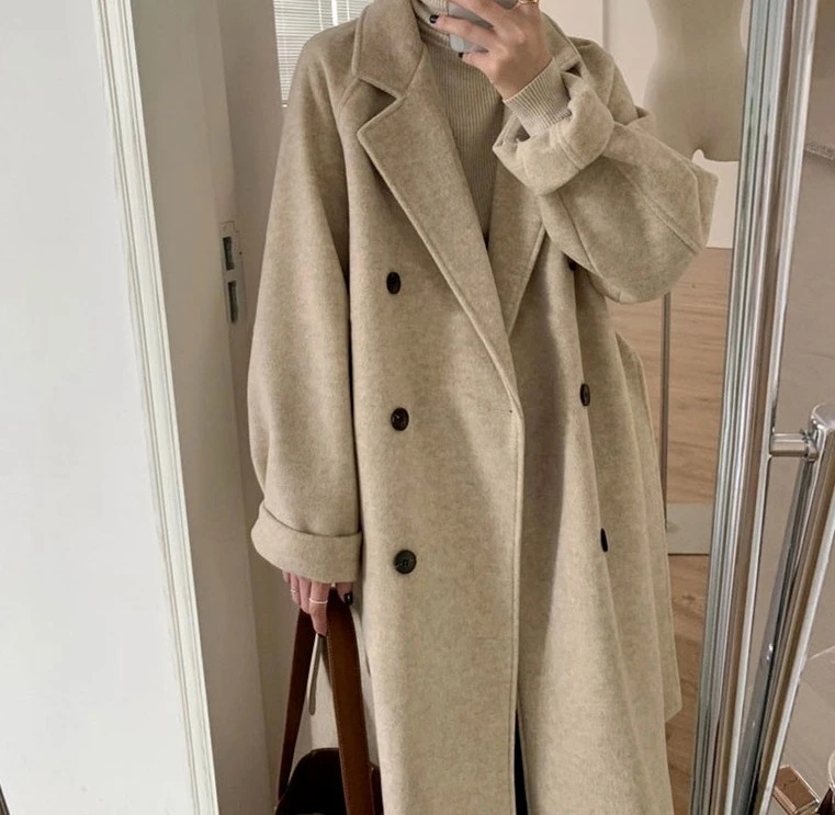Ying Fashion Shop 高級感毛呢 赫本風 中長款毛呢大衣 抗寒外套 保暖大衣外套 柔軟親膚 雙排釦毛呢外套