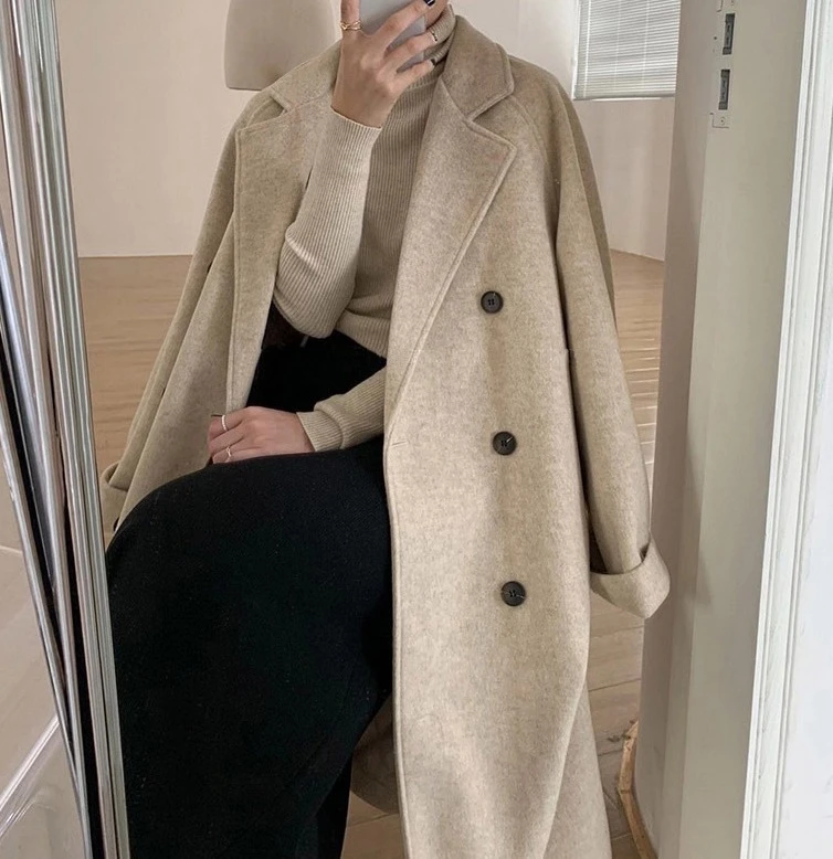 Ying Fashion Shop 高級感毛呢 赫本風 中長款毛呢大衣 抗寒外套 保暖大衣外套 柔軟親膚 雙排釦毛呢外套