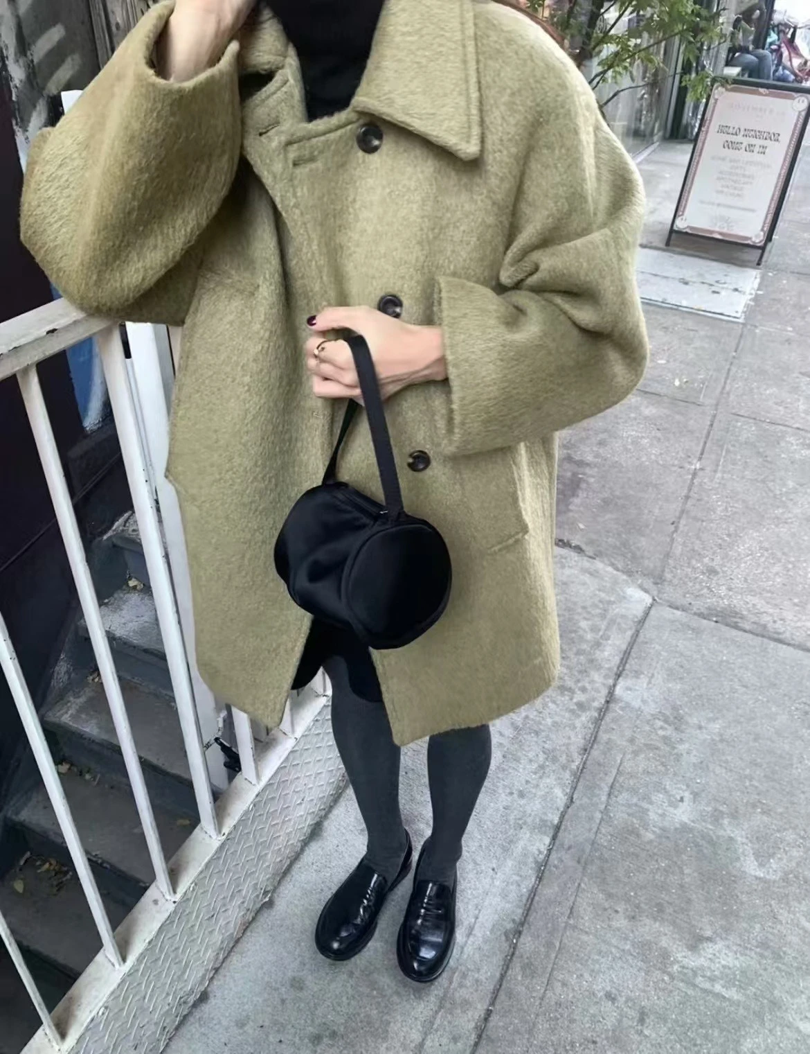 Ying Fashion Shop 簡約翻領 雙口袋 毛呢大衣外套 加厚保暖 抗寒大衣外套 柔軟親膚毛呢