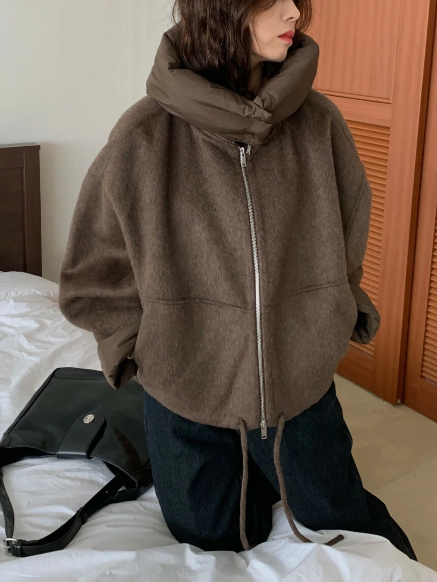 Ying Fashion Shop 超可愛又保暖! 毛呢拼接連帽外套 小眾設計感 短版毛呢外套 連帽可拆卸 綁帶保暖外套 厚實毛呢外套