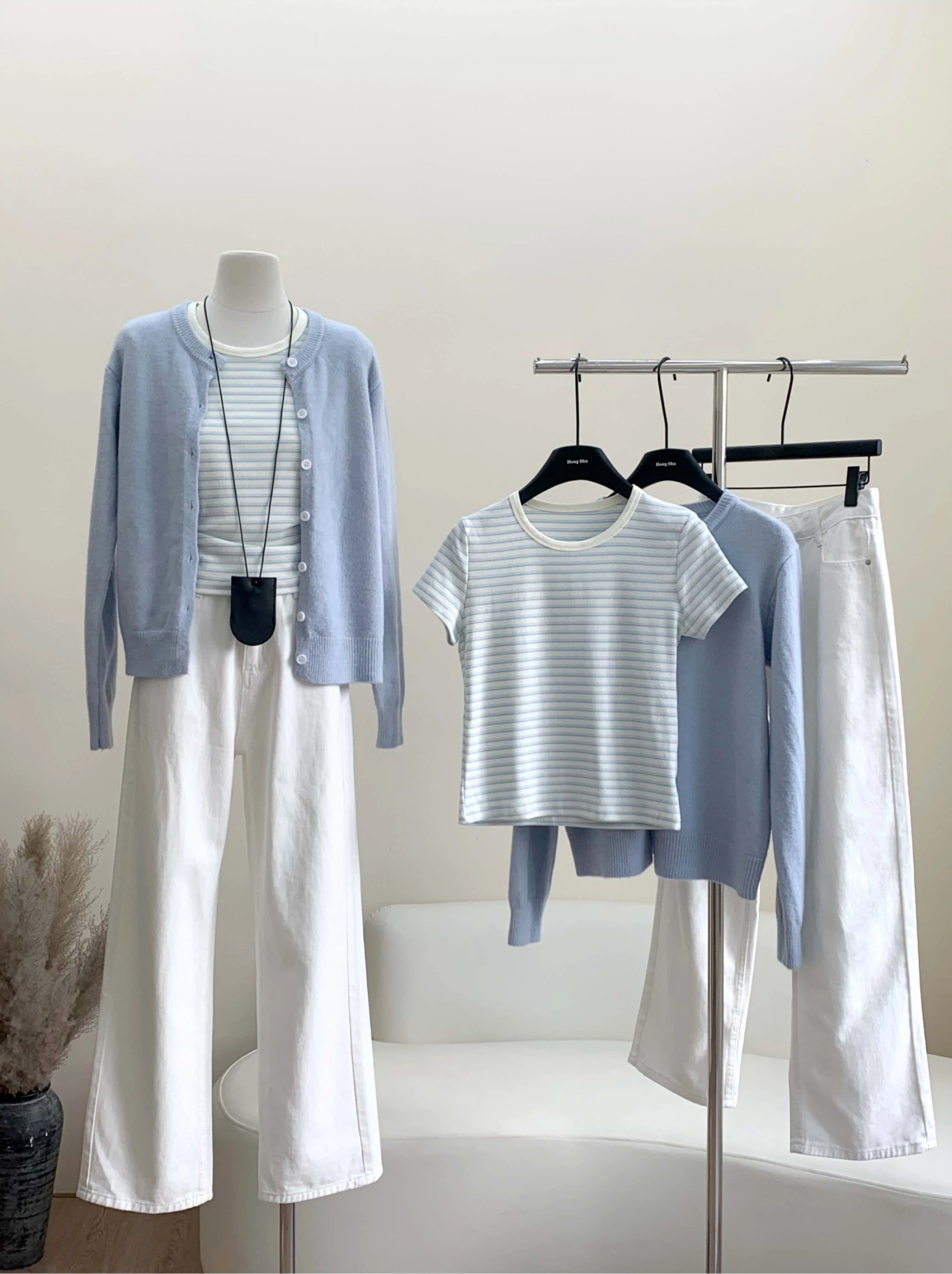 Ying Fashion Shop 心動質感 軟糯百搭針織外套 短袖條紋上衣 白色質感牛仔寬褲 超顯瘦三件套 拆售